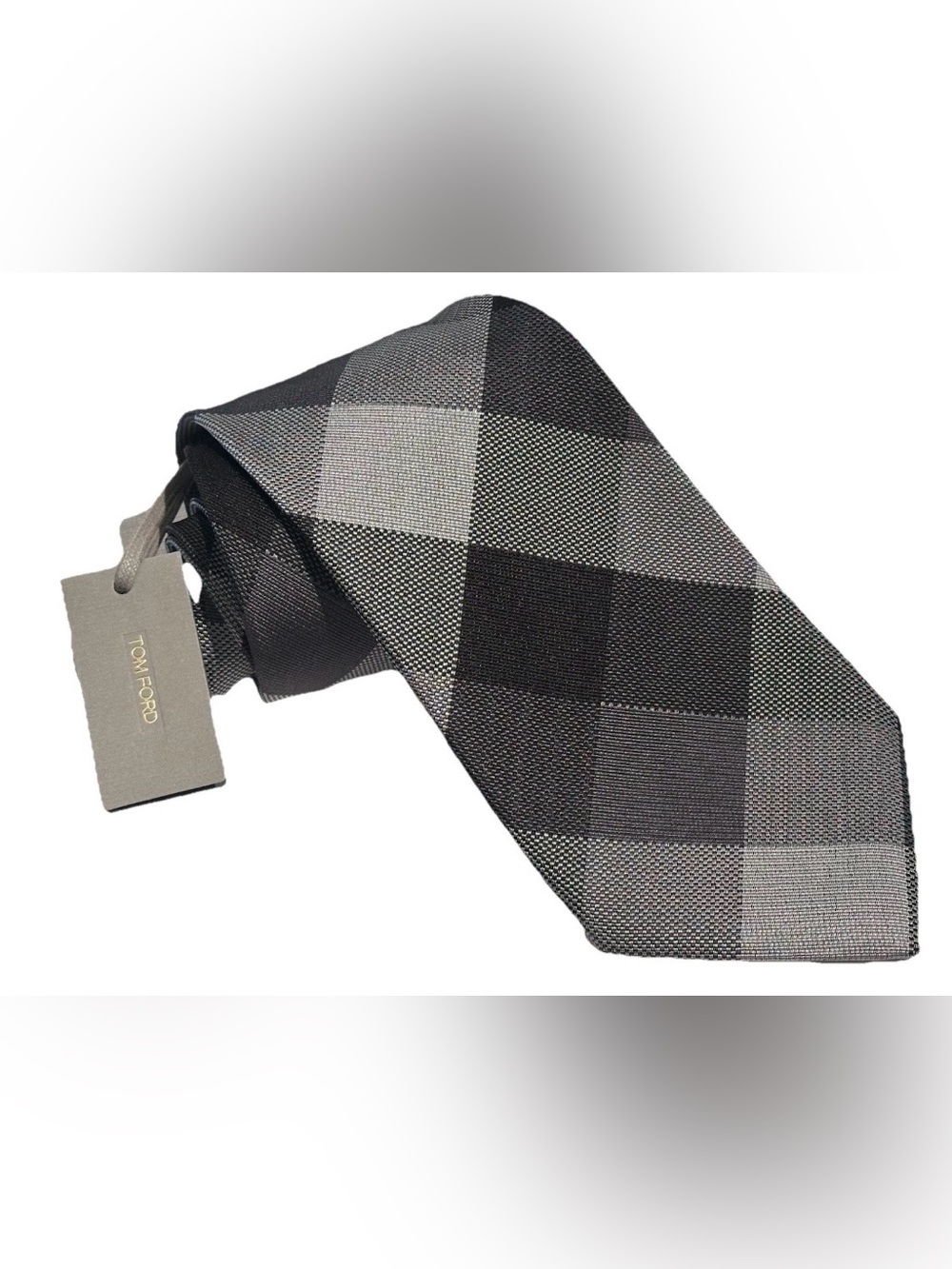 $390 NEW TOM FORD TIE LARGE GRAY BLACK COLORBLOCK PLAID ITALY 100% SILK